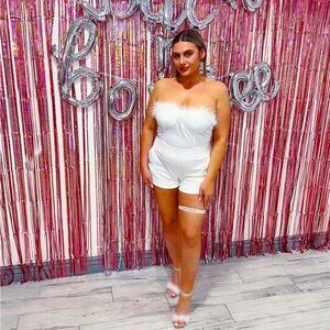 White feathered zip up strapless top